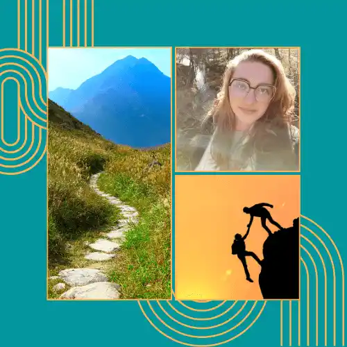 3 images : portrait de Laure Vinatier, une personne aidant une autre à gravir une montagne et un paysage d'un chemin au milieu des montagnes