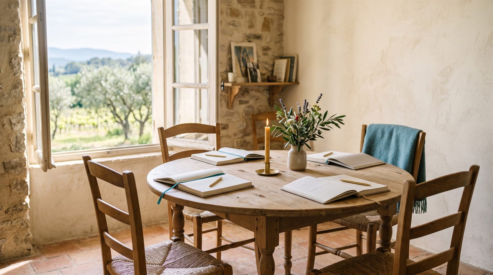 Une table ronde en bois préparée pour quatre, avec quatre carnets ouverts, une bougie et un bouquet, devant une fenêtre sur les oliviers