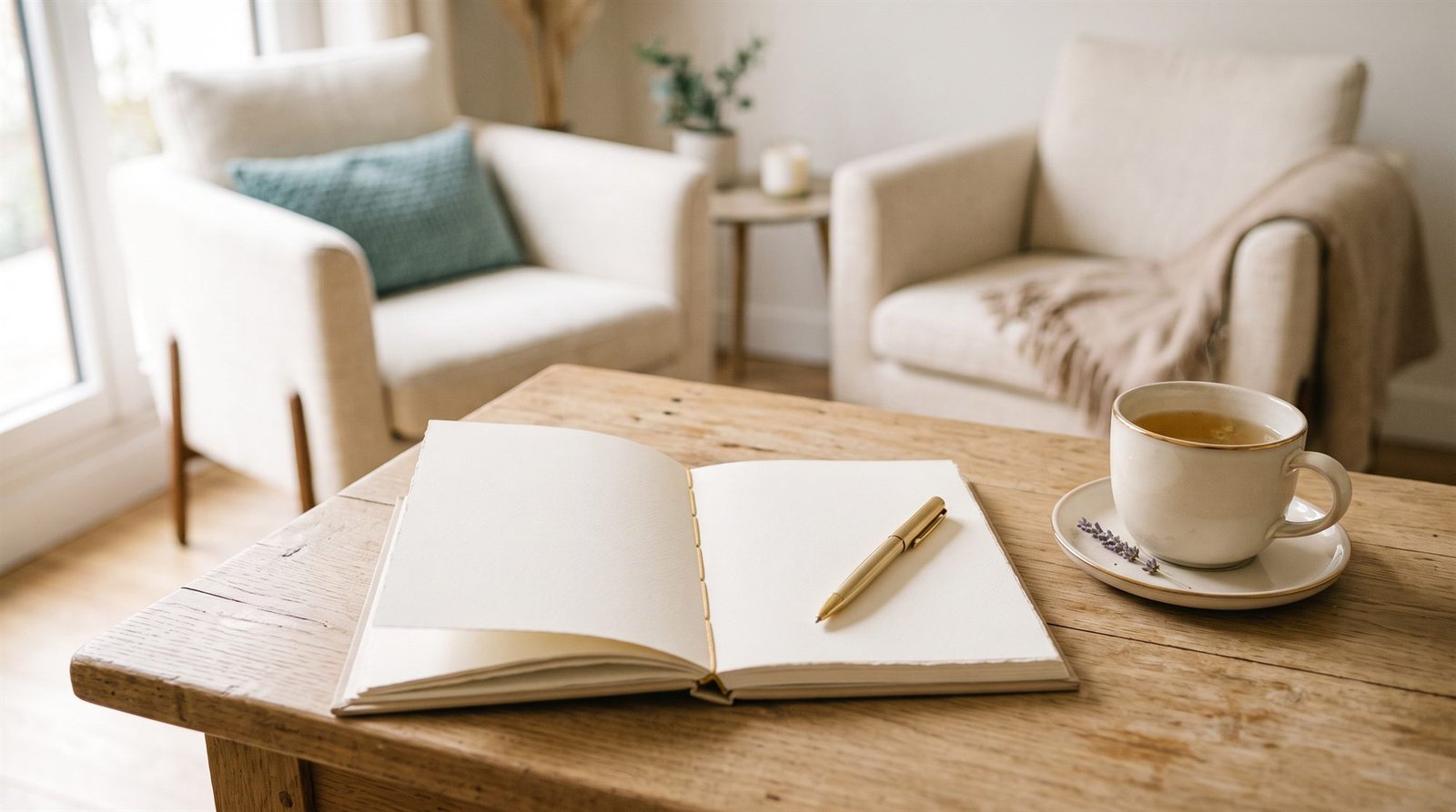 Un carnet ouvert aux pages blanches et un stylo doré à côté d'une tasse de thé, sur une table en bois devant deux fauteuils