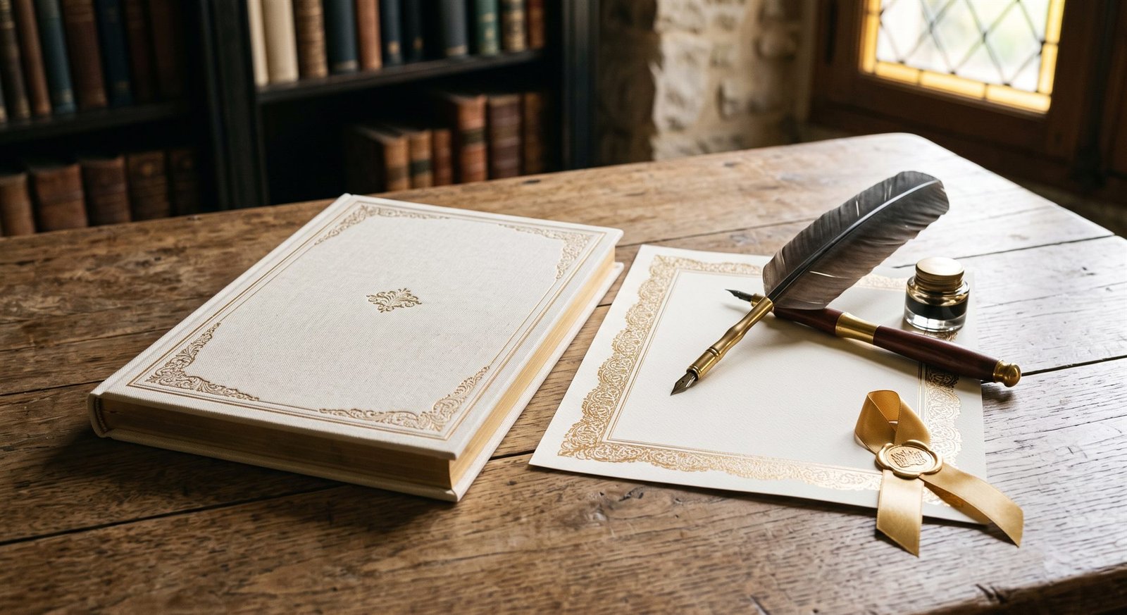 Une attestation encadrée nouée d'un ruban doré et scellée de cire, à côté d'un livre relié, d'une plume et d'un encrier