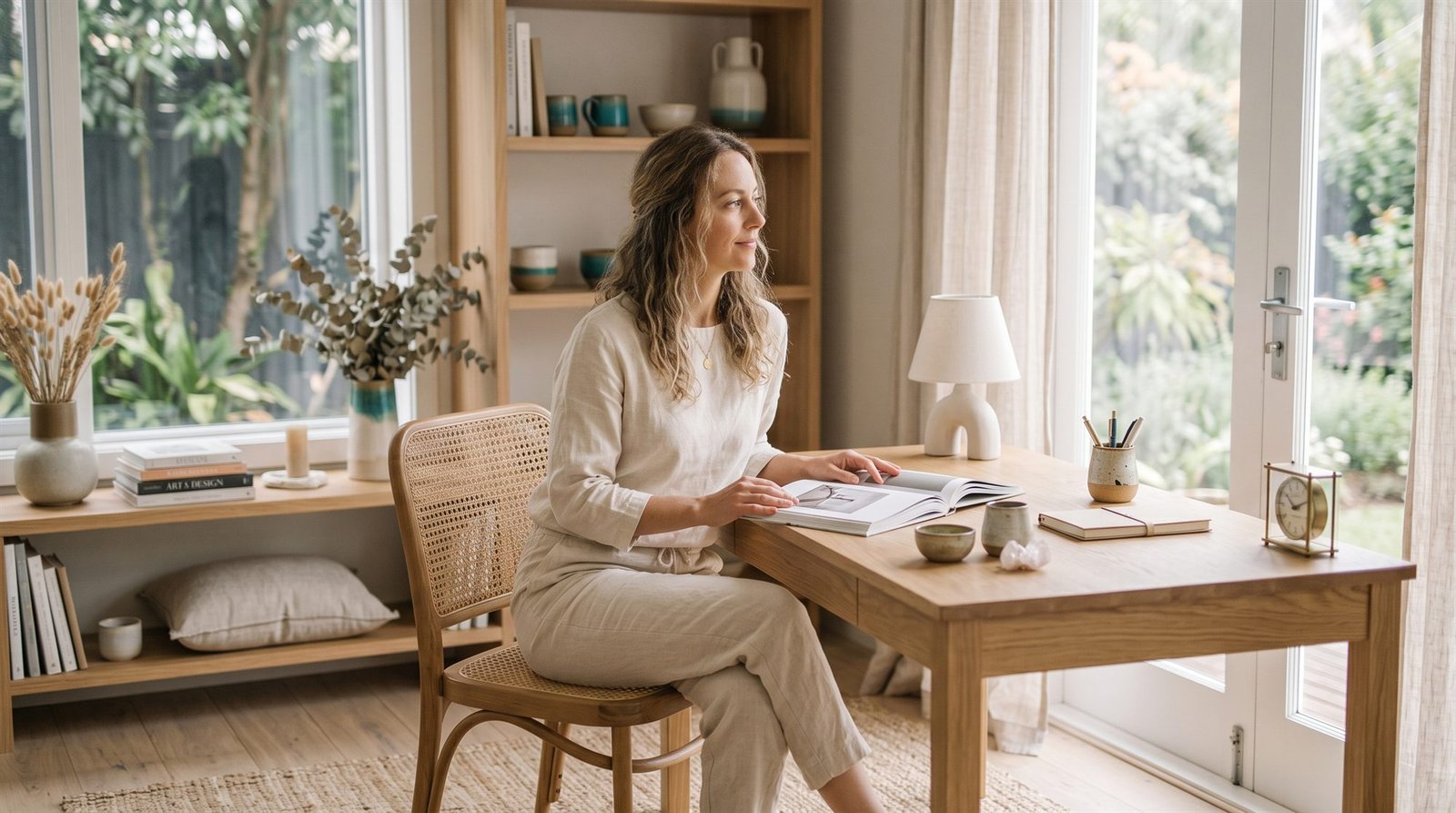 Une femme assise à un bureau en bois devant une baie vitrée, un livre ouvert sous la main, le regard tourné vers le jardin