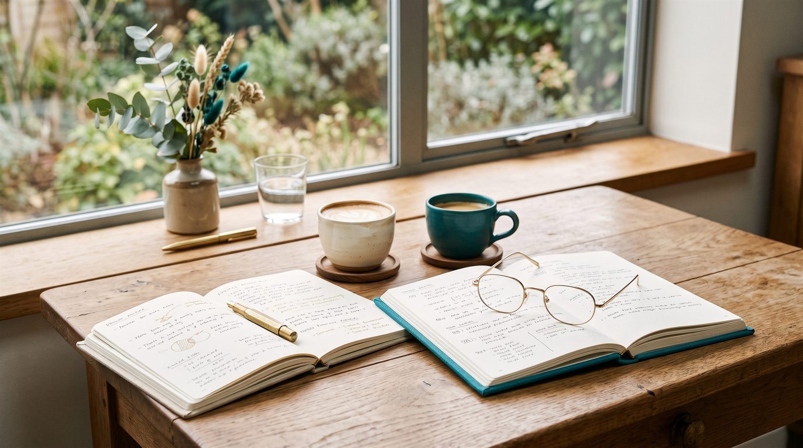 Deux carnets ouverts et deux tasses sur une table en bois, devant une fenêtre sur le jardin